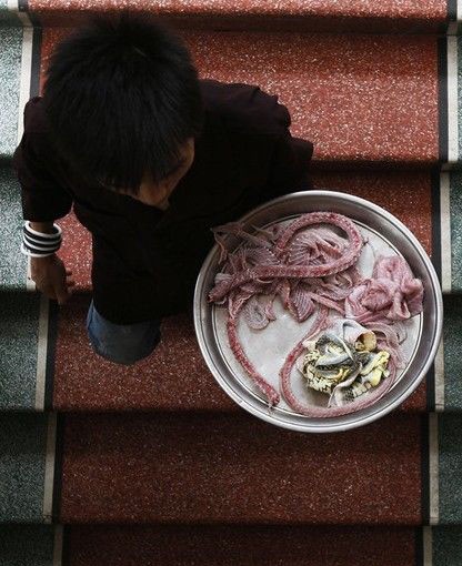 Những gì còn lại của chú rắn hổ: thịt, da và xương được lọc ra và xếp riêng để chuẩn bị trở thành những món ăn ngon miệng.